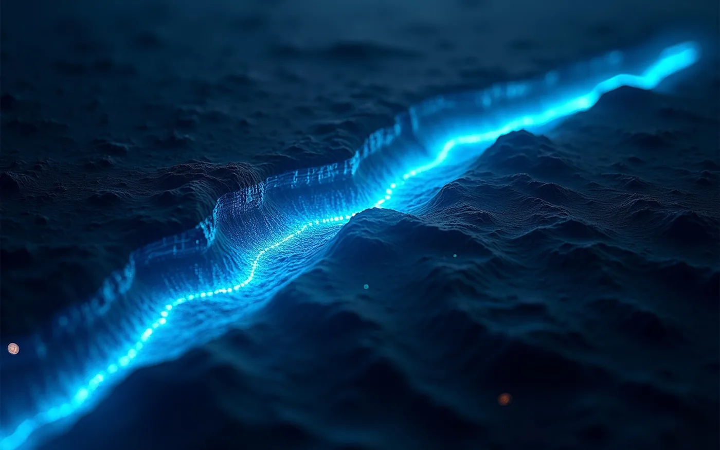 Abstract render of a low band of scanning light crossing dark terrain, revealing its relief for the first time