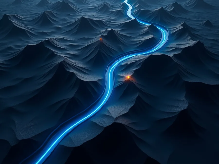 Abstract render of dark terrain seen from high above, a lit channel crossing it while small warm lights sit forgotten in the shadowed hollows