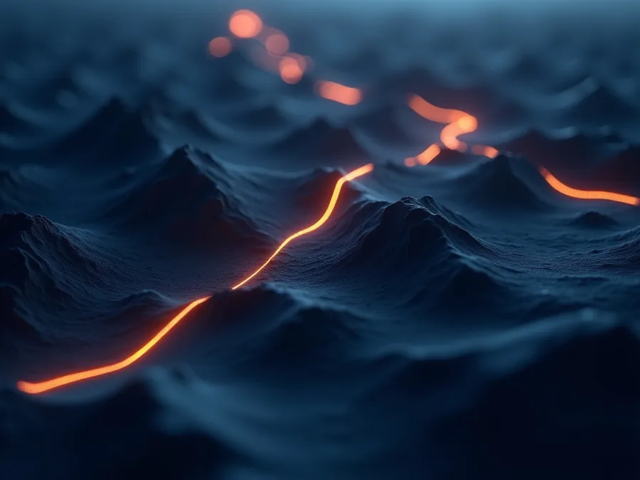 Abstract render of a single warm line of light winding carefully across dark ridged terrain