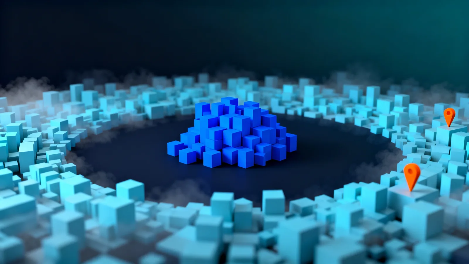 Abstract render of a known asset cluster surrounded by previously unseen assets emerging into visibility