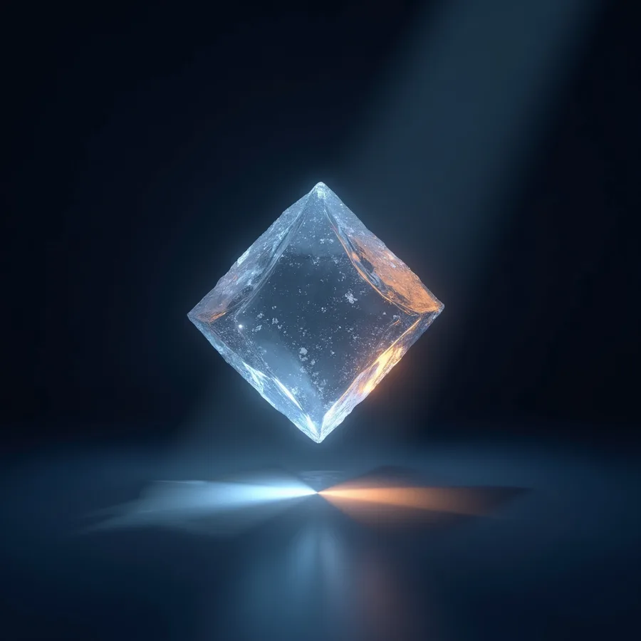 Abstract render of a faceted ice prism splitting one beam of light into a cold blue path and a warm orange path, the fit and the poor fit