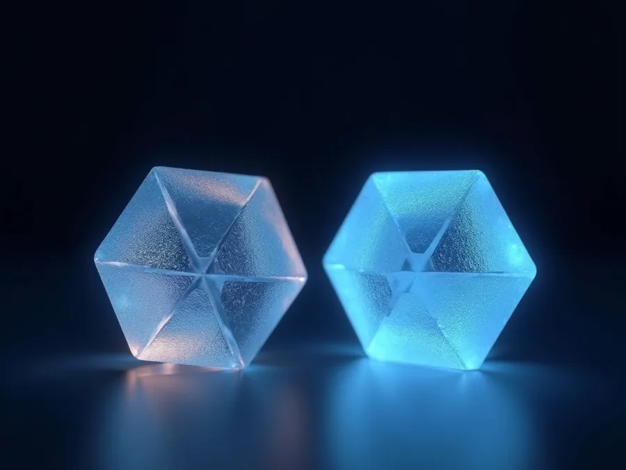 Abstract render of two hexagonal ice prisms side by side, one glowing raw blue and one concentrating that light into a calm, even glow