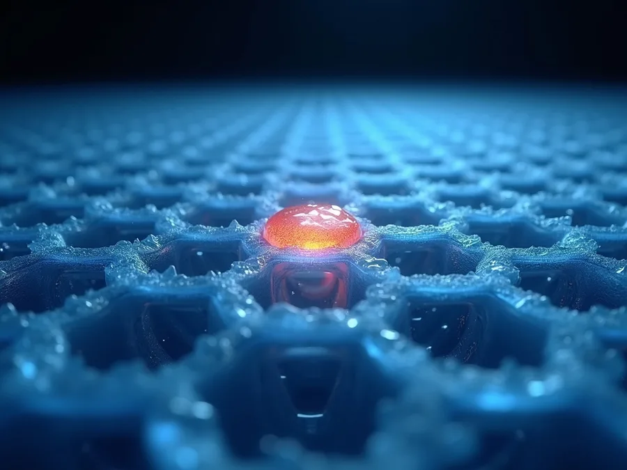 Abstract render of a field of identical frosted hexagonal ice cells with one irregular cell glowing orange, the one a catalogue of known patterns has never seen