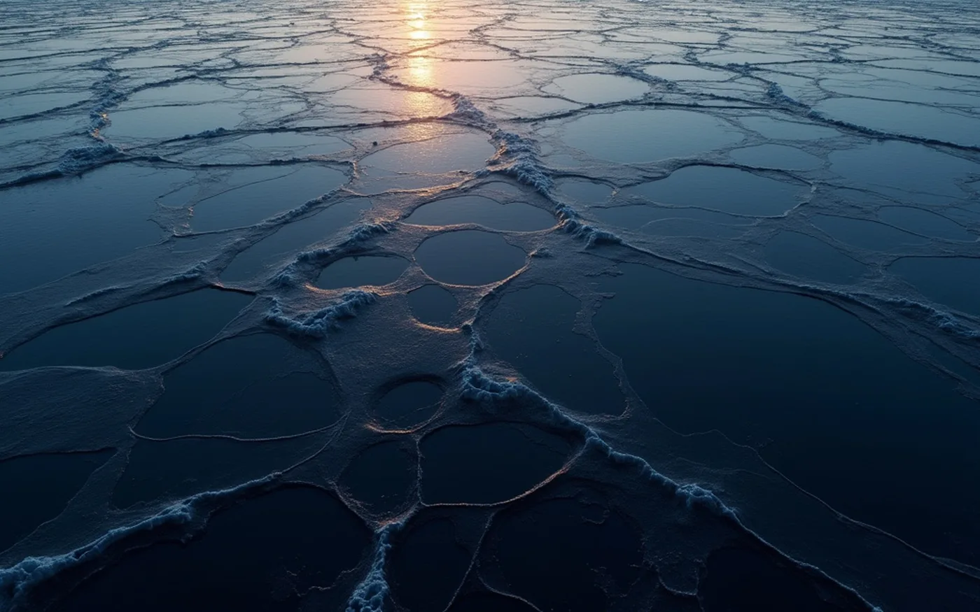 Abstract render of a vast dark ice sheet made whole again, crossed by softly glowing healed seams
