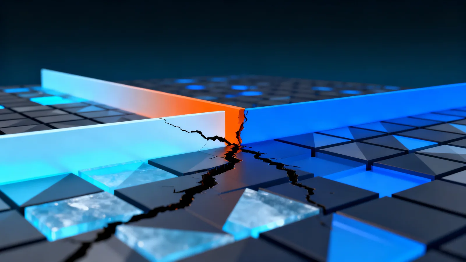 Abstract render of a spreading fracture halted by a barrier with restored ordered areas behind it