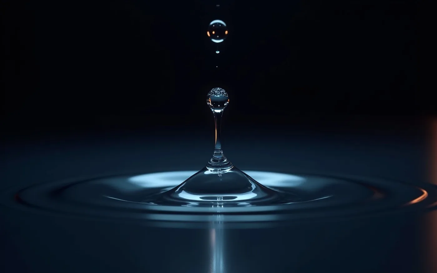 Abstract render of a droplet frozen in the instant before it meets a still dark surface, the first ripple only beginning