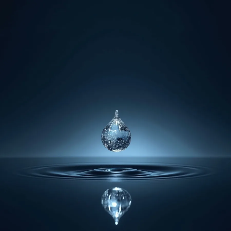 Abstract render of a single ice droplet held motionless just above a calm dark surface, the fall paused rather than prevented