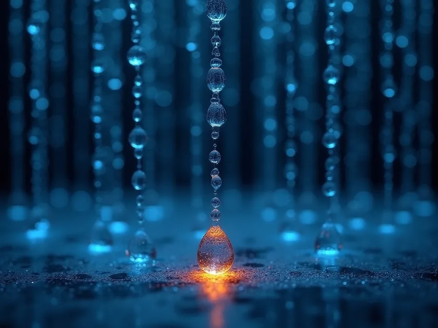 Abstract render of frozen droplets hanging still in ordered columns, one at the front glowing warm, prepared before anything falls