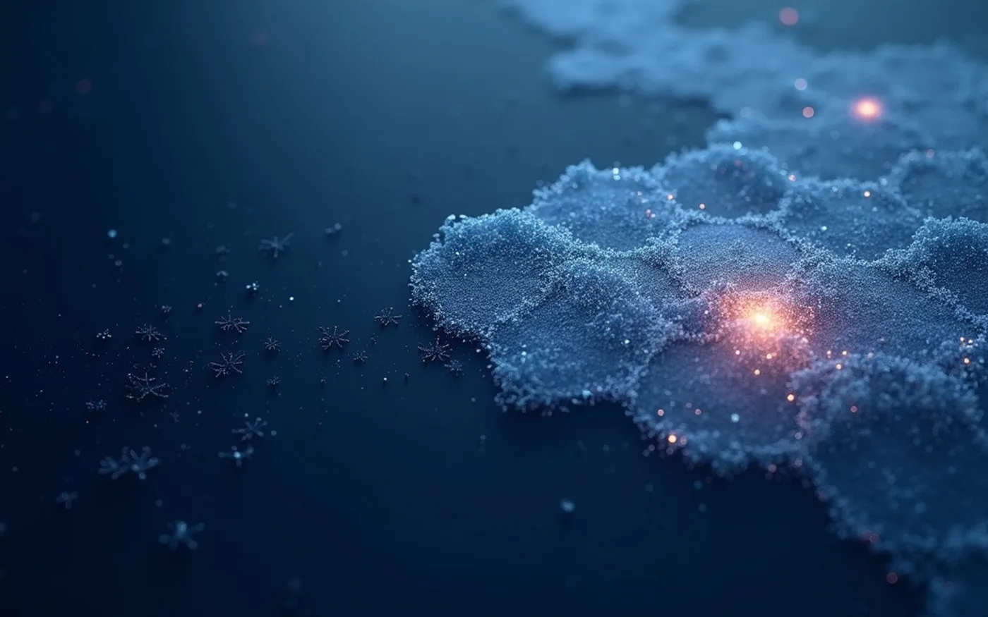 Abstract render of scattered frost on the left crystallising into an ordered lattice on the right, a warm light settling into the ordered side