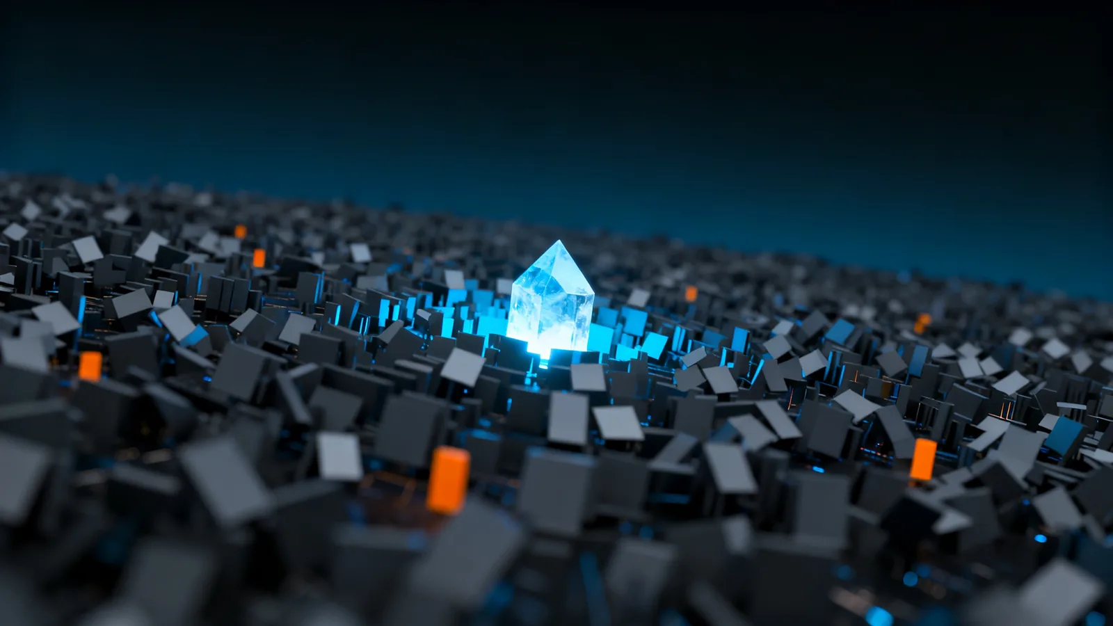 Abstract render of one genuine threat resolving into focus out of a field of dim alert noise