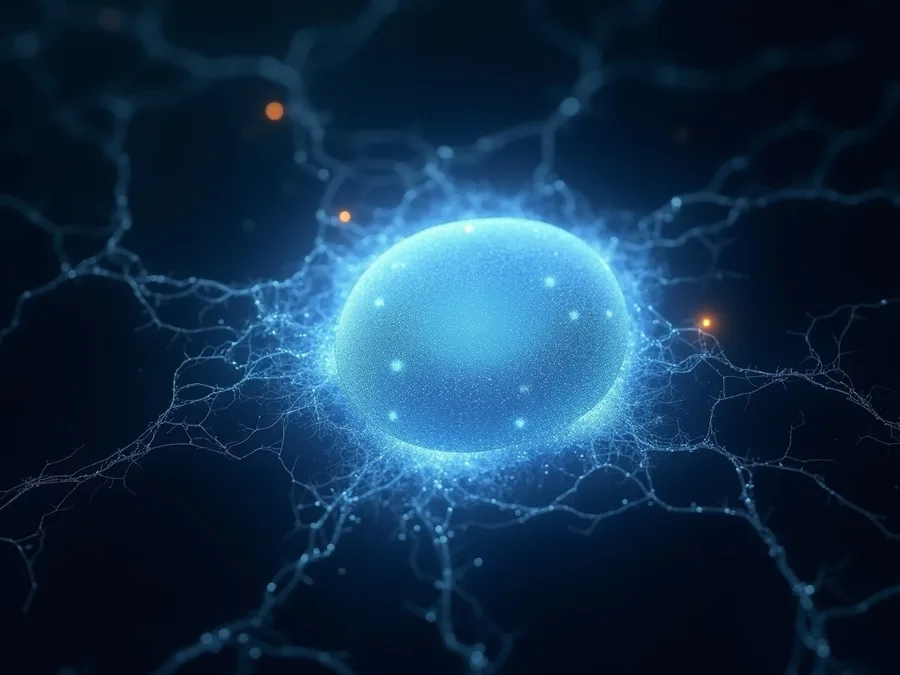 Abstract render of one clearly bounded lit region inside a dark filament web, with warm points of light left outside its edge