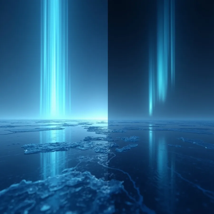 Abstract render of an ice field divided at the horizon, curtains of blue light on one side and calm darkness on the other