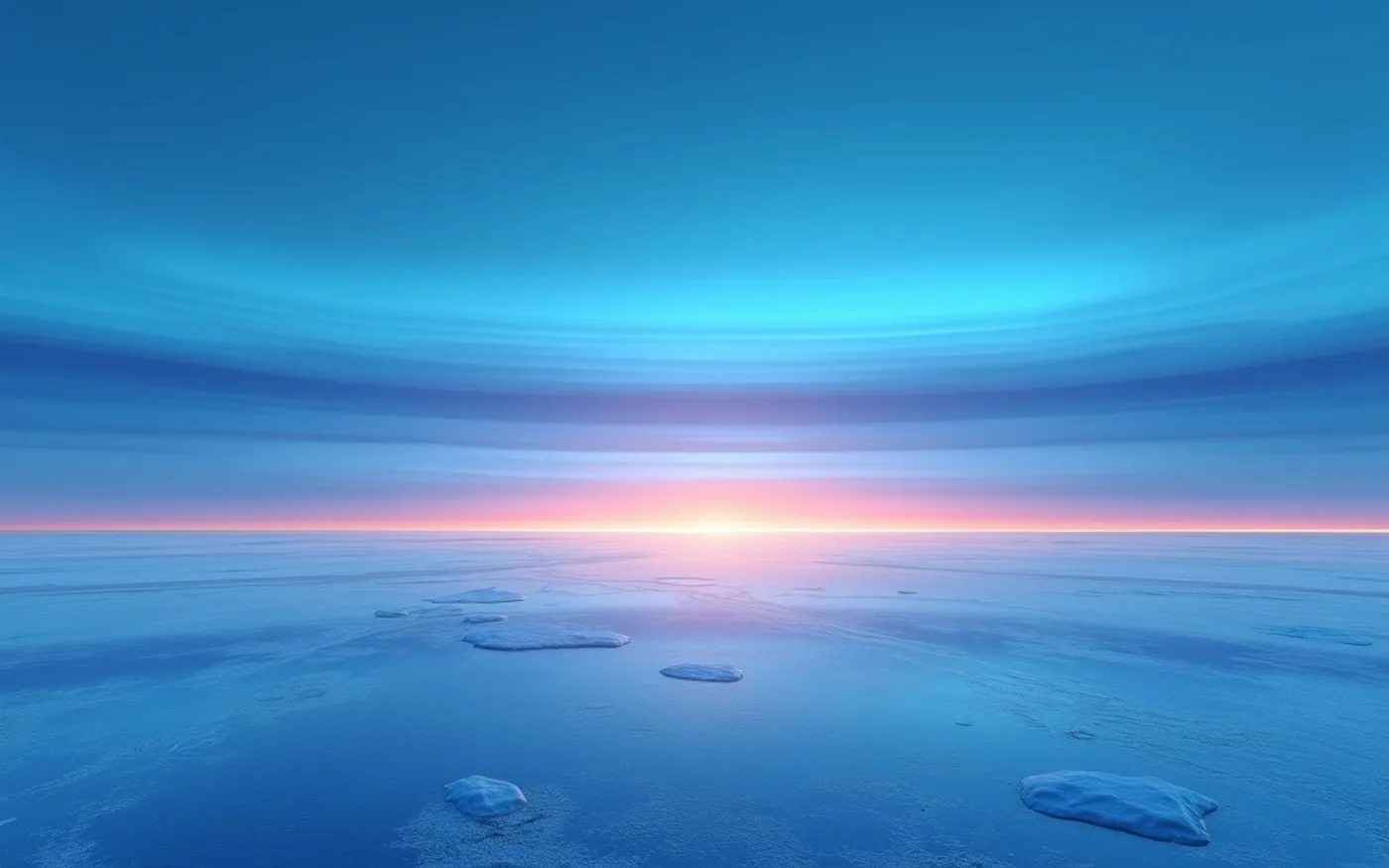 Abstract render of calm layered bands of blue light resting over a smooth frozen plain, first light steady along the horizon