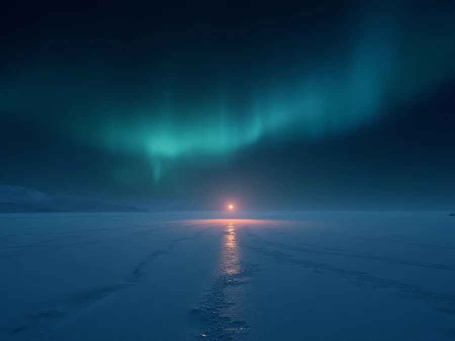 Abstract render of a lone warm glow on an empty ice plain at night under a faint aurora, a signal that was seen but never attended to