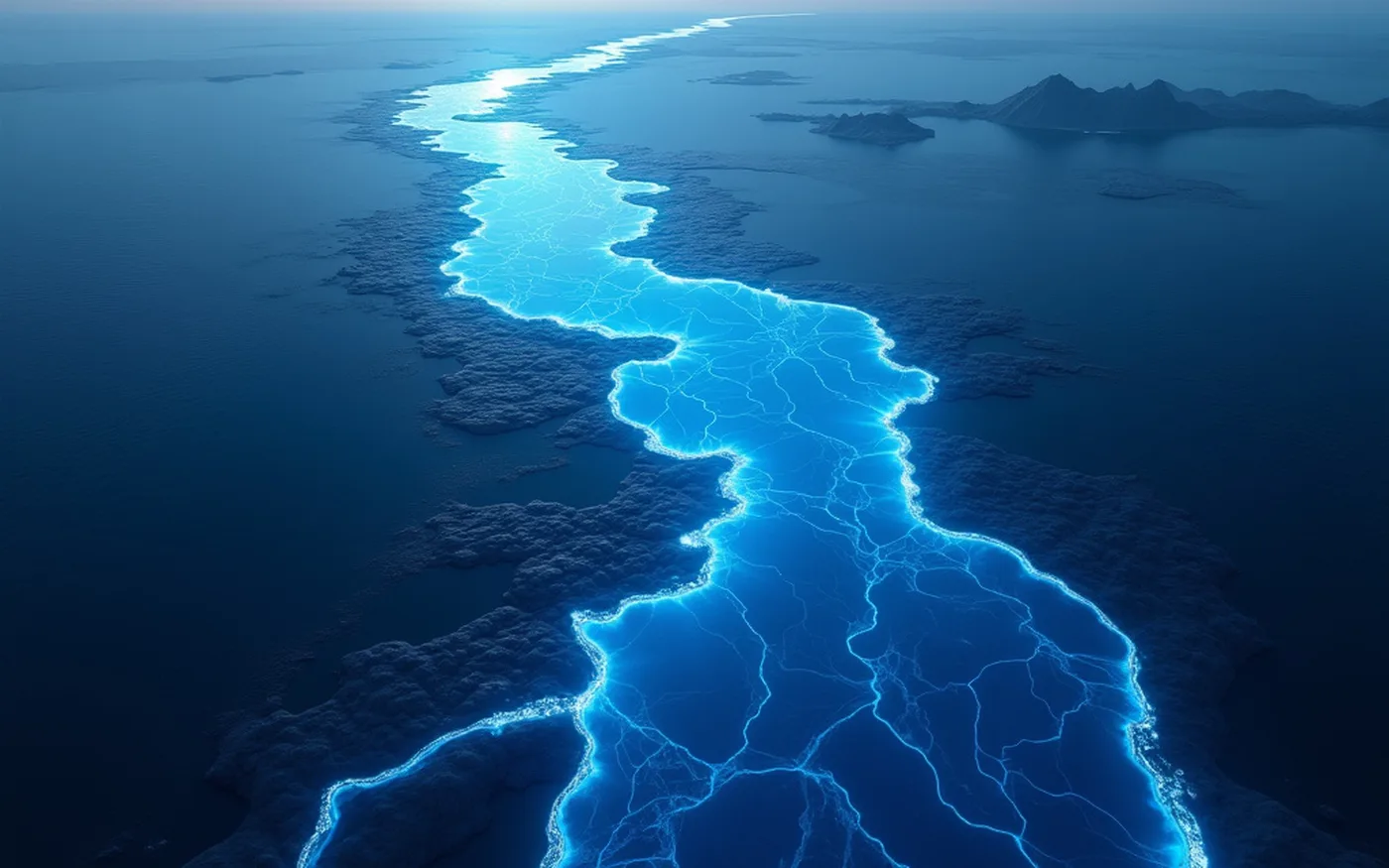 Abstract render of a glacial delta seen from above, its channels lighting up one after another from a single source