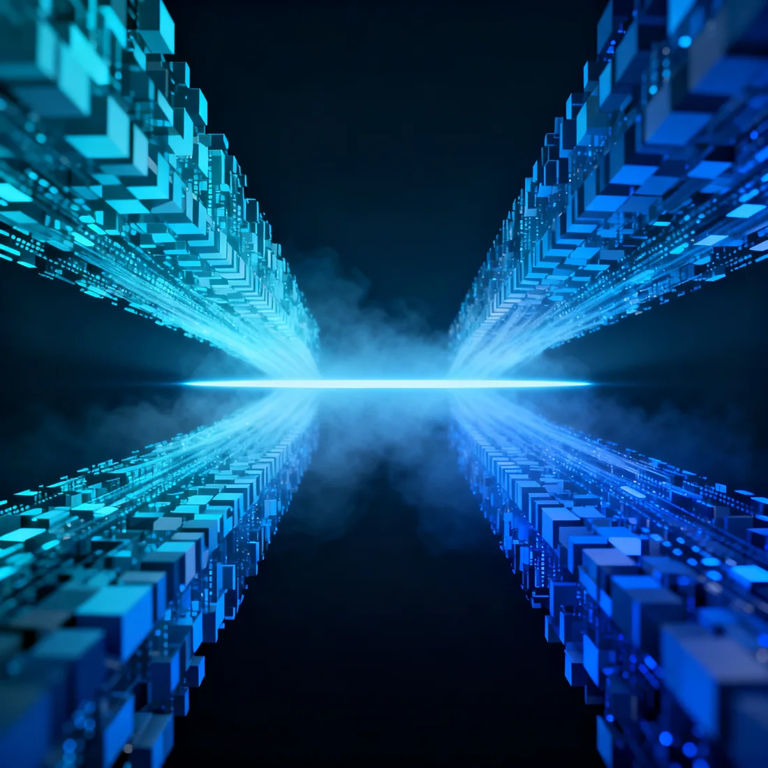 Abstract render of four telemetry streams converging into one observed security operations view