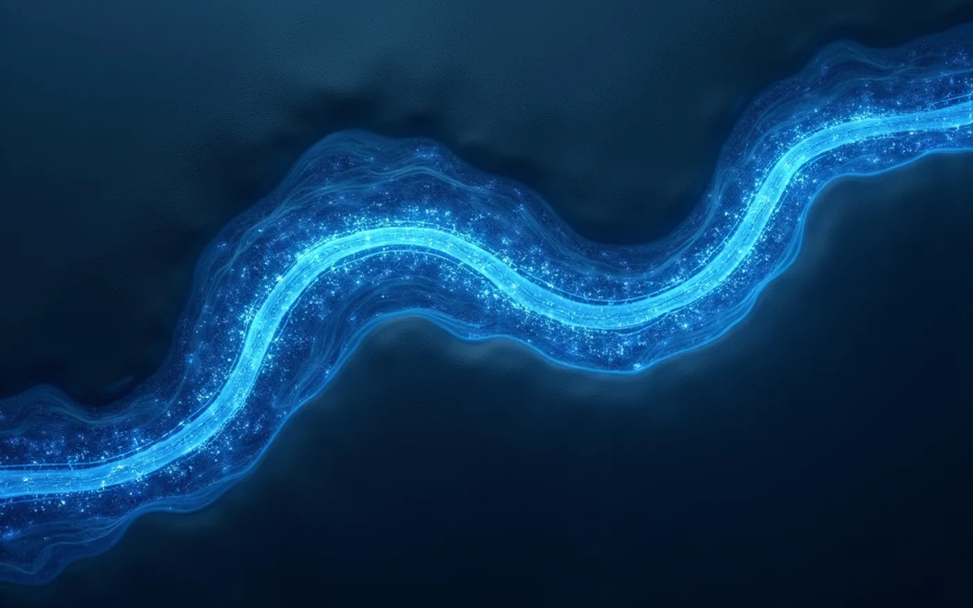 Abstract render of two lanes of light running together as one channel across a dark plain