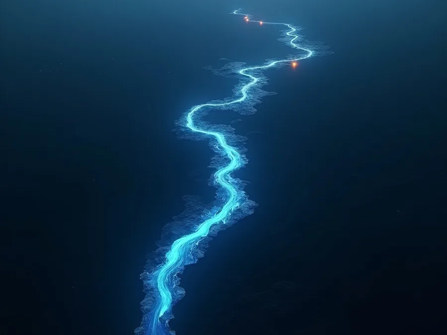 Abstract render of a single channel of light running on through the dark, its warning glints noticed only far downstream