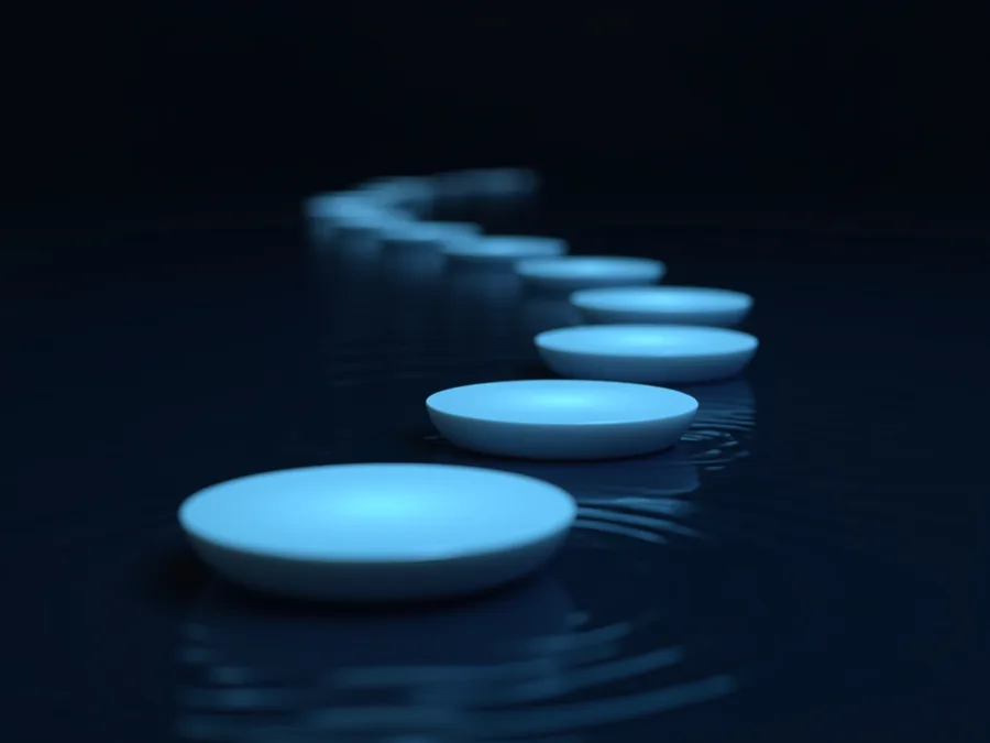 Abstract render of lit stepping stones crossing dark water, one step after another into the distance