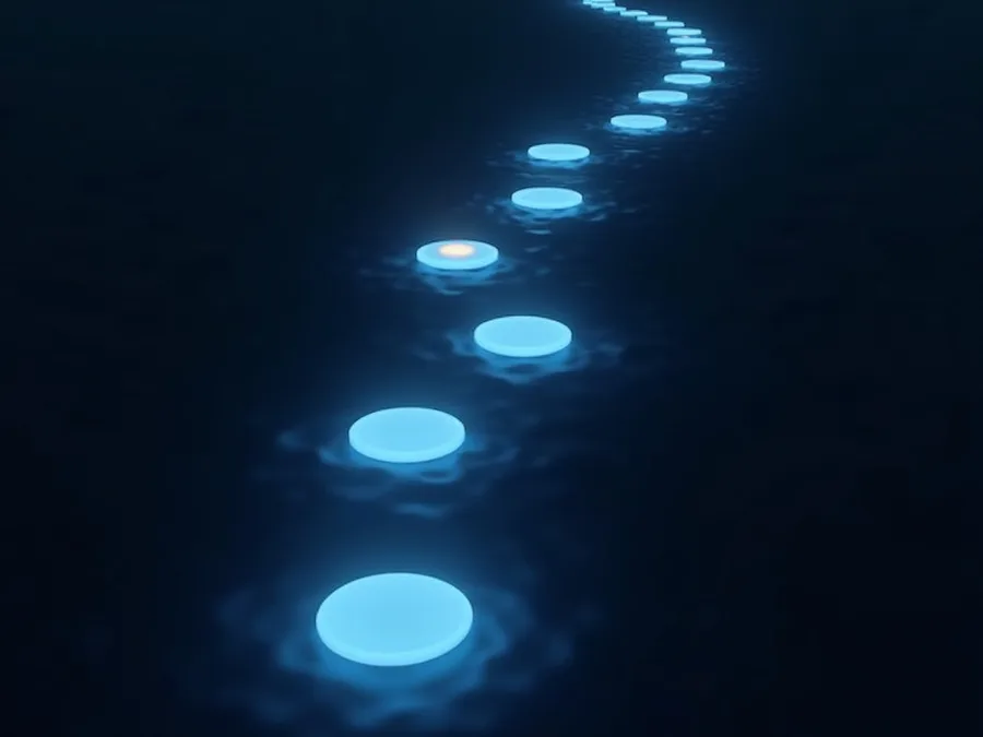 Abstract render of a long trail of lit stepping stones across dark water, with one warm stone marking a point of decision