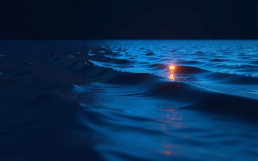 Abstract render of evenly spaced wave crests rolling across dark water, one small warm light riding a crest