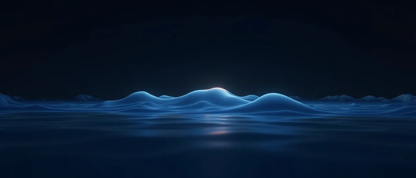 Abstract render of calm dark water where one taller crest rises quietly out of an ordinary swell, lit from within