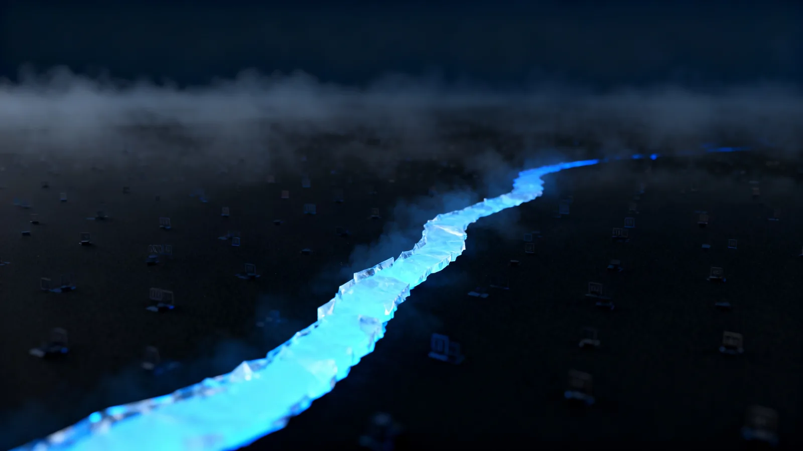 Abstract render of many faint incident markers converging into one refined bright stream