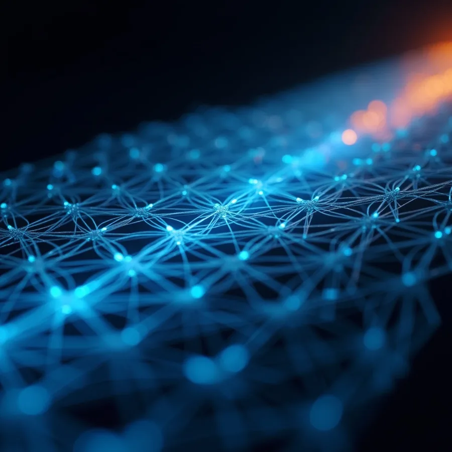 Abstract render of loose blue filaments drawn down into a tight luminous weave, with a warm orange filament running through it