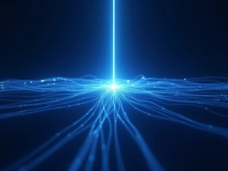 Abstract render of many blue threads meeting a narrow slit of light, where only a few pass through as one bright strand