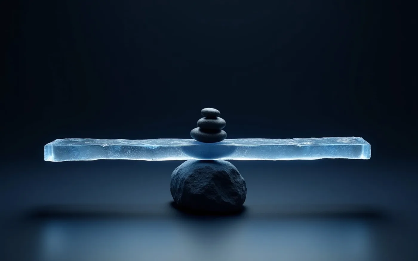 Abstract render of a long beam of ice held level on a single dark stone fulcrum