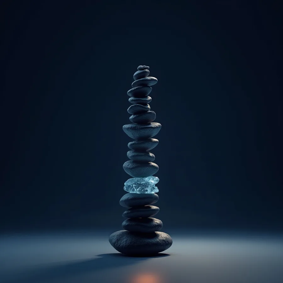 Abstract render of a tall cairn of balanced dark stones with a single stone of ice set in its middle as a counterweight
