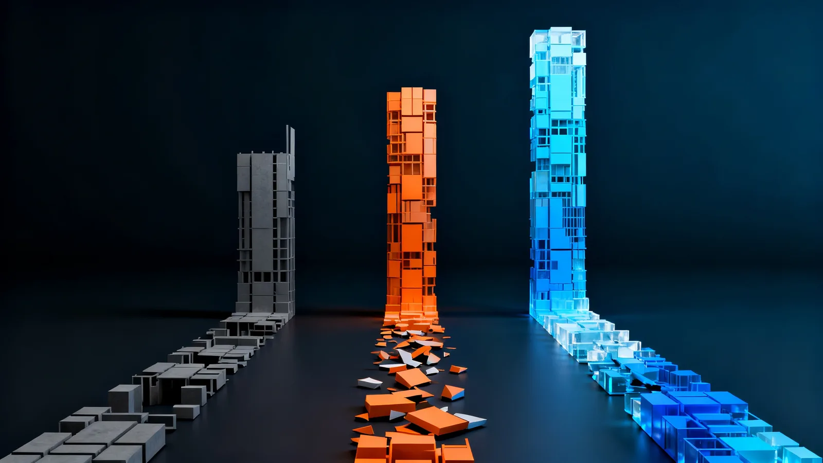 Abstract render of three structural columns of differing completeness rising toward one shared outcome