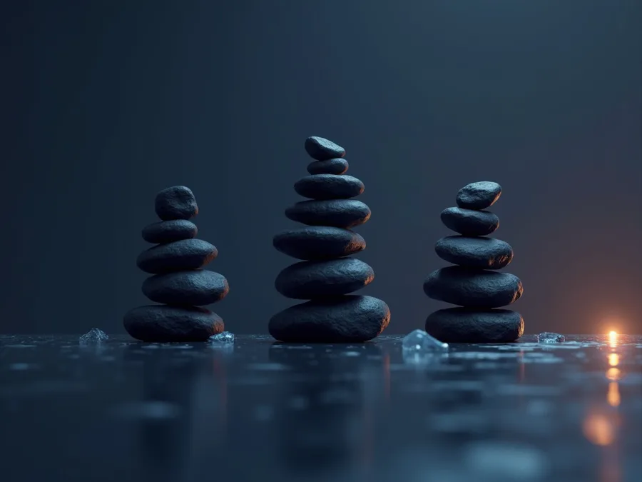 Abstract render of three separate balanced stacks of dark stone, each built differently, standing apart in cold blue light