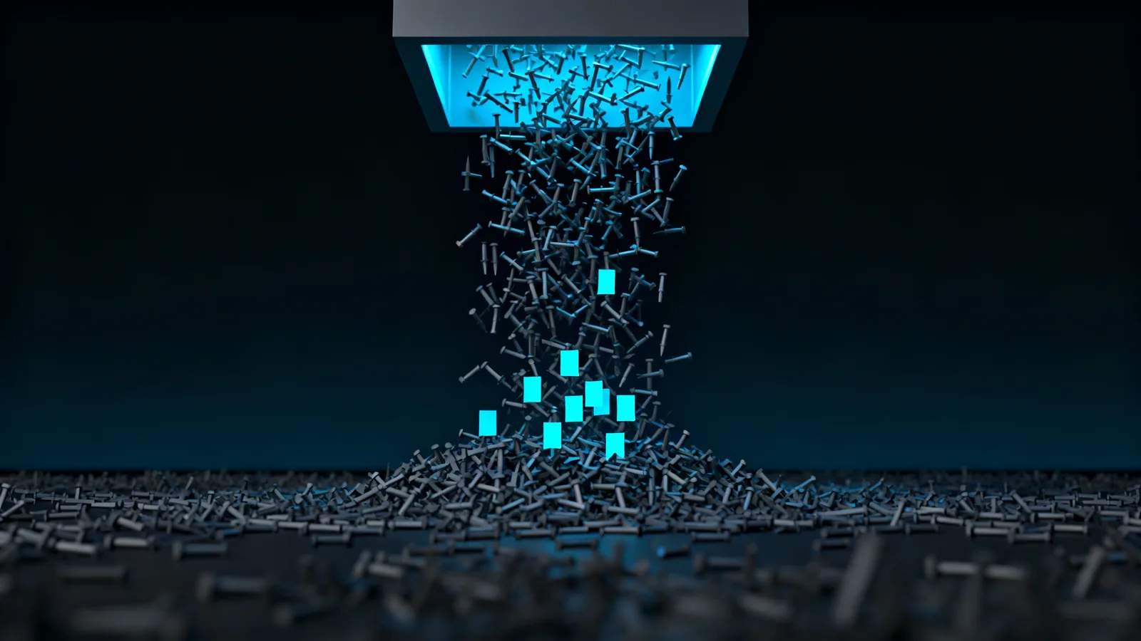 Abstract render of a dense field of findings funnelling down to a small set of bright prioritized items