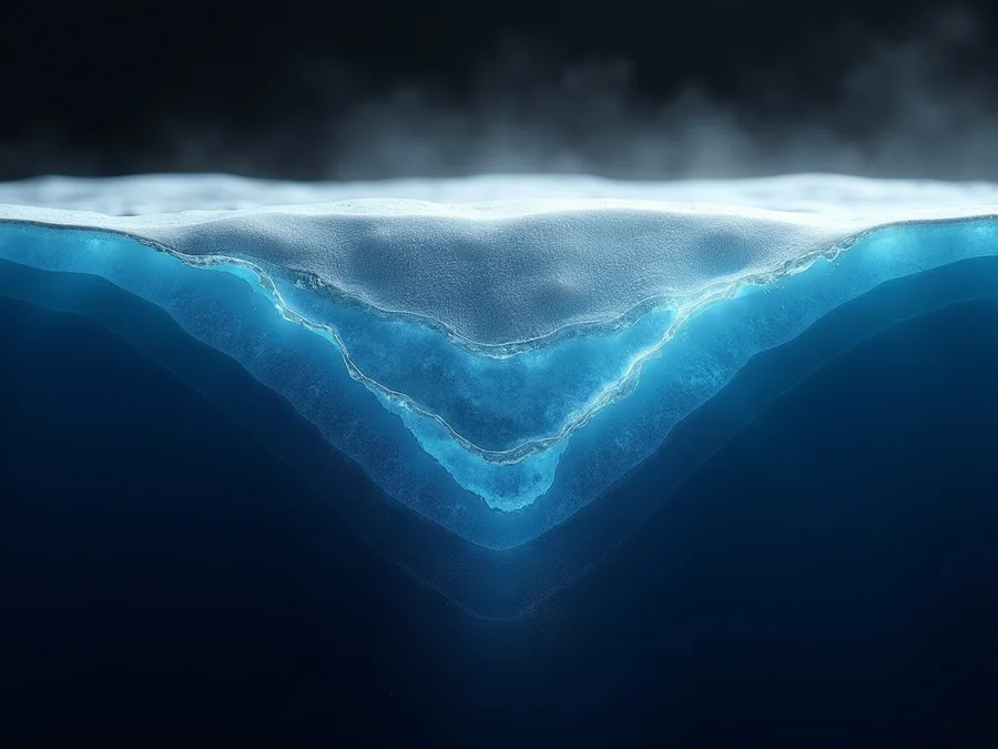 Abstract render of layered glacier strata whose upper bands are thinning into mist, leaving fewer and cleaner layers beneath